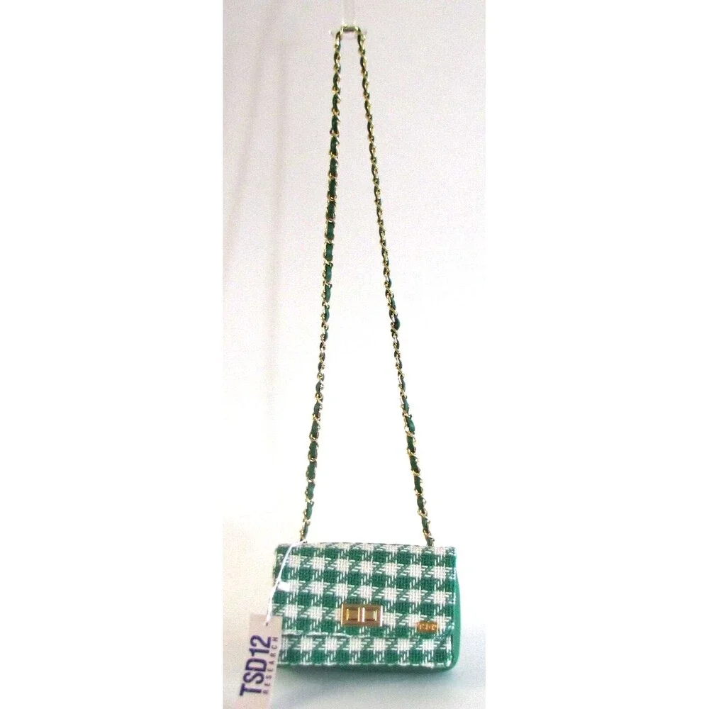 DESIGNER TSD12 GREEN /WHITE CHECK FABRIC PRINT CHAIN DETAIL SMALL CROSSBODY BAG